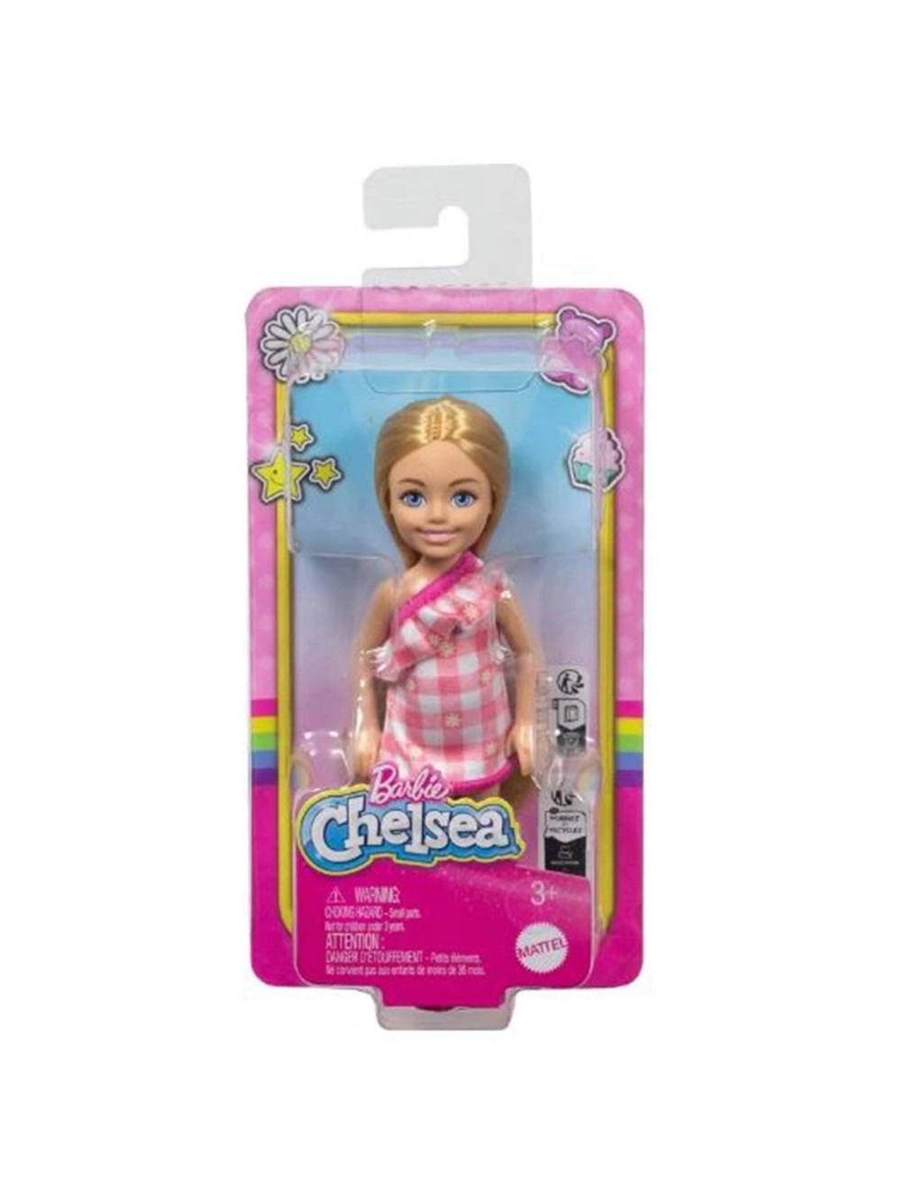 Barbie Chelsea Doll in Pink Gingham One-Shoulder Dress with Blonde Hair